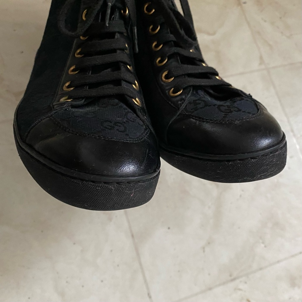 $985 Gucci Made in Italy GG Monogram Black Leather Canvas High Top Sneakers 5.5 - Picture 8 of 13